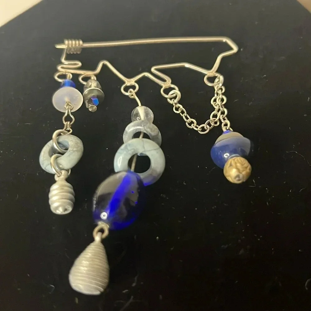 One‎ of a Kind Handmade Sterling Silver Blue Glass Bead Dangle Safety Pin Brooch